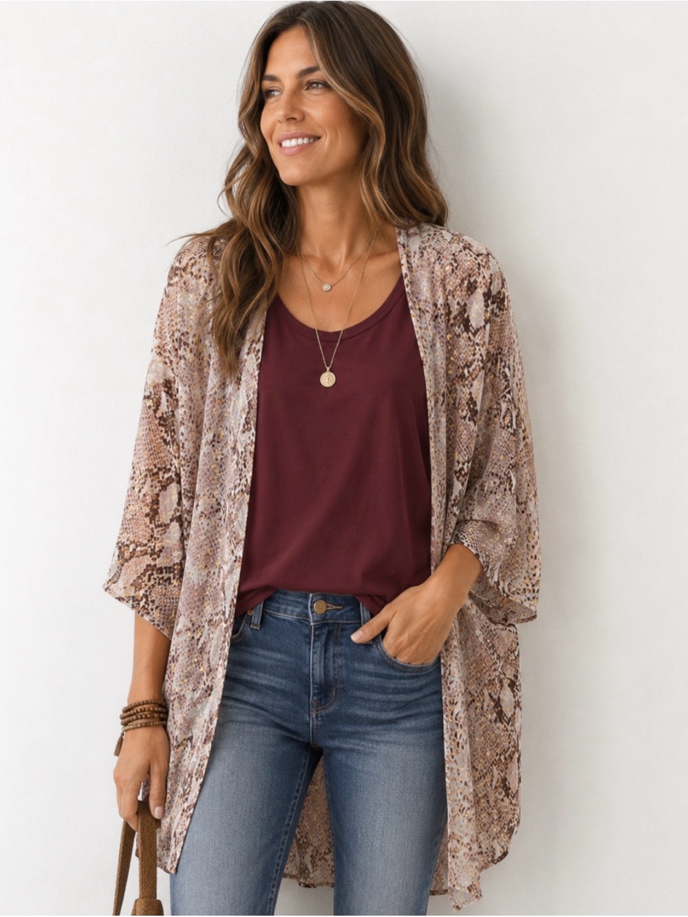 Maurices Pink Tan Metallic Gold Snake Print open front cardigan with tank top
